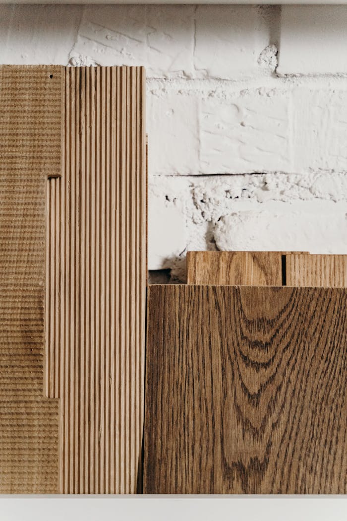 Stacked wooden planks with diverse textures leaning against a white brick wall, showcasing materials.
